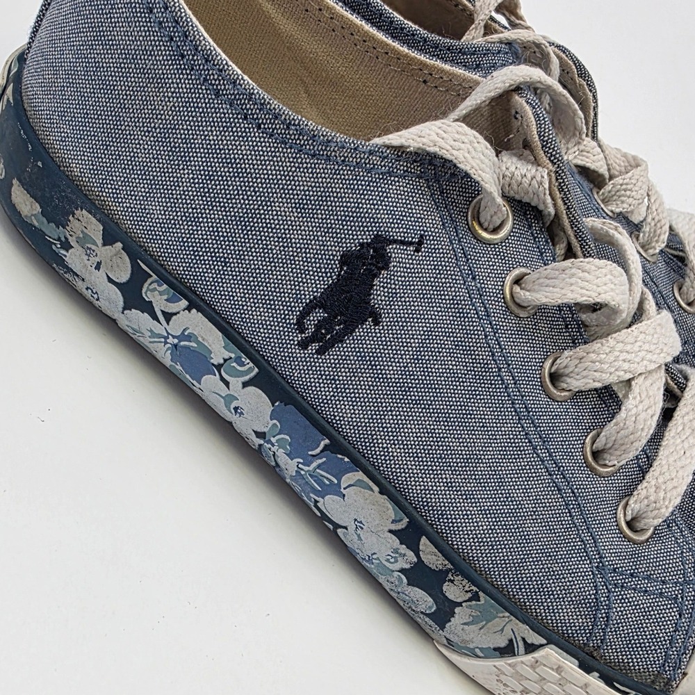 POLO RALPH LAUREN SLONE SNEAKERS GIRLS SIZE 13 CANVAS BLUE FLORAL LOW PONY KIDS - Picture 4 of 10